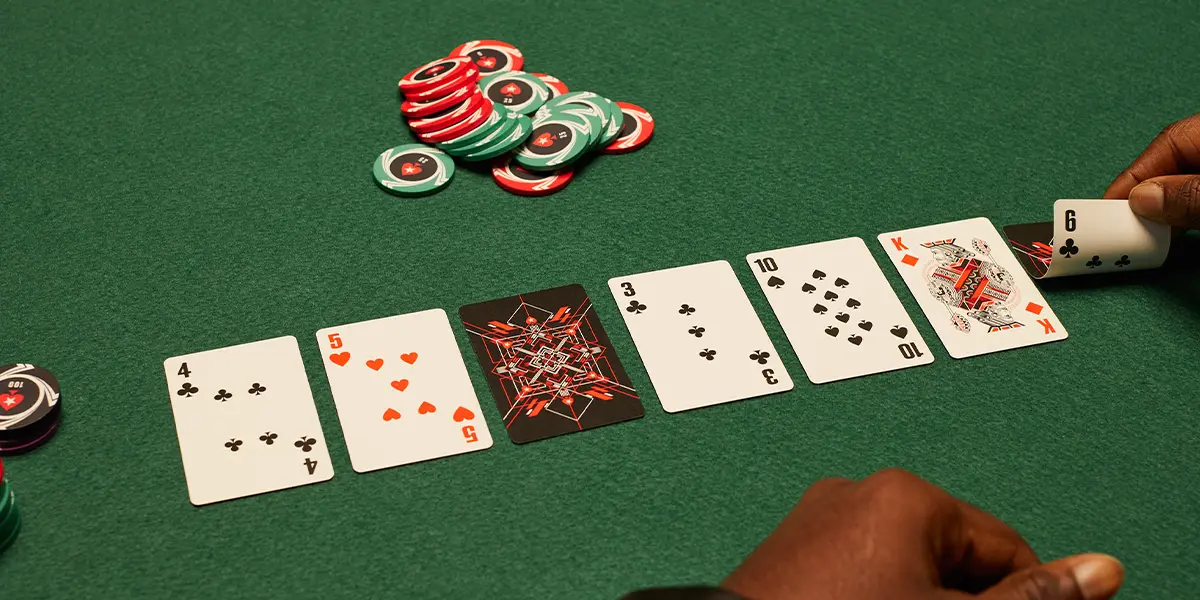 Community cards and chips during a Texas Hold’em poker hand