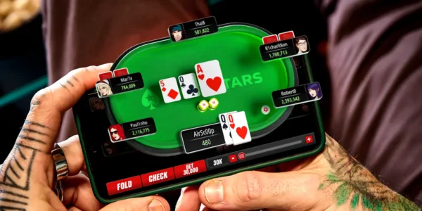 Online poker table representing different stakes and bankroll levels.