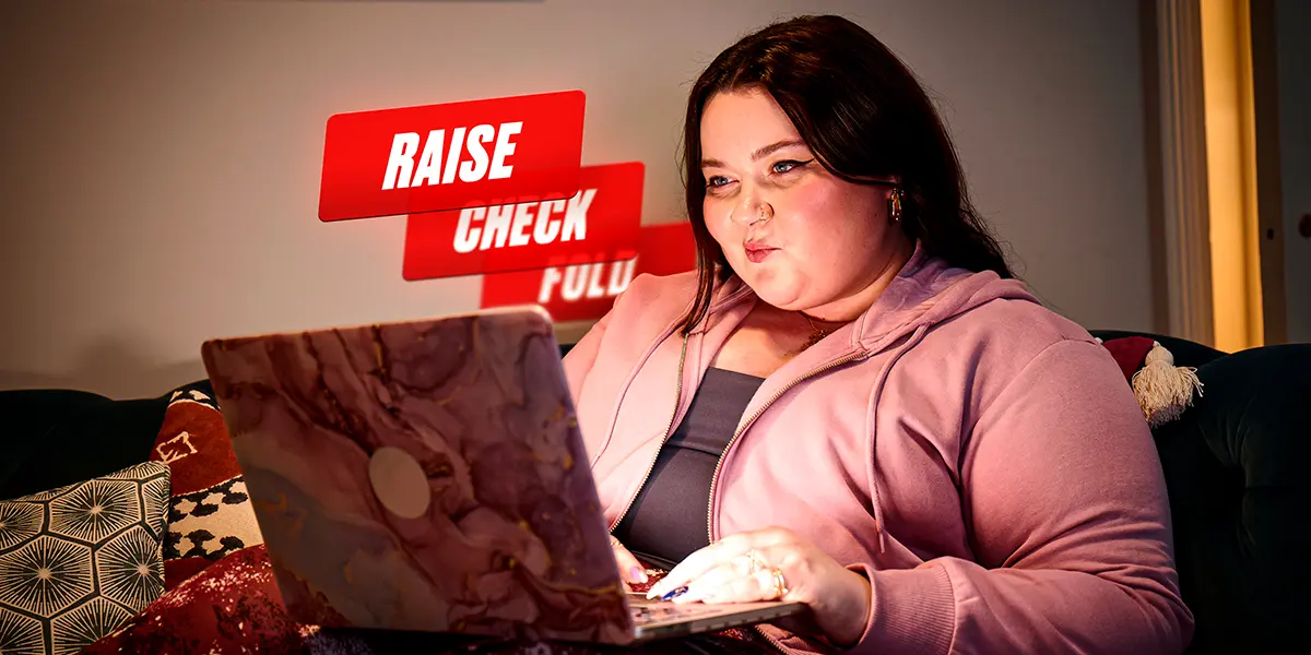 A woman studying poker, thinking between raise, check, and fold during an online hand.